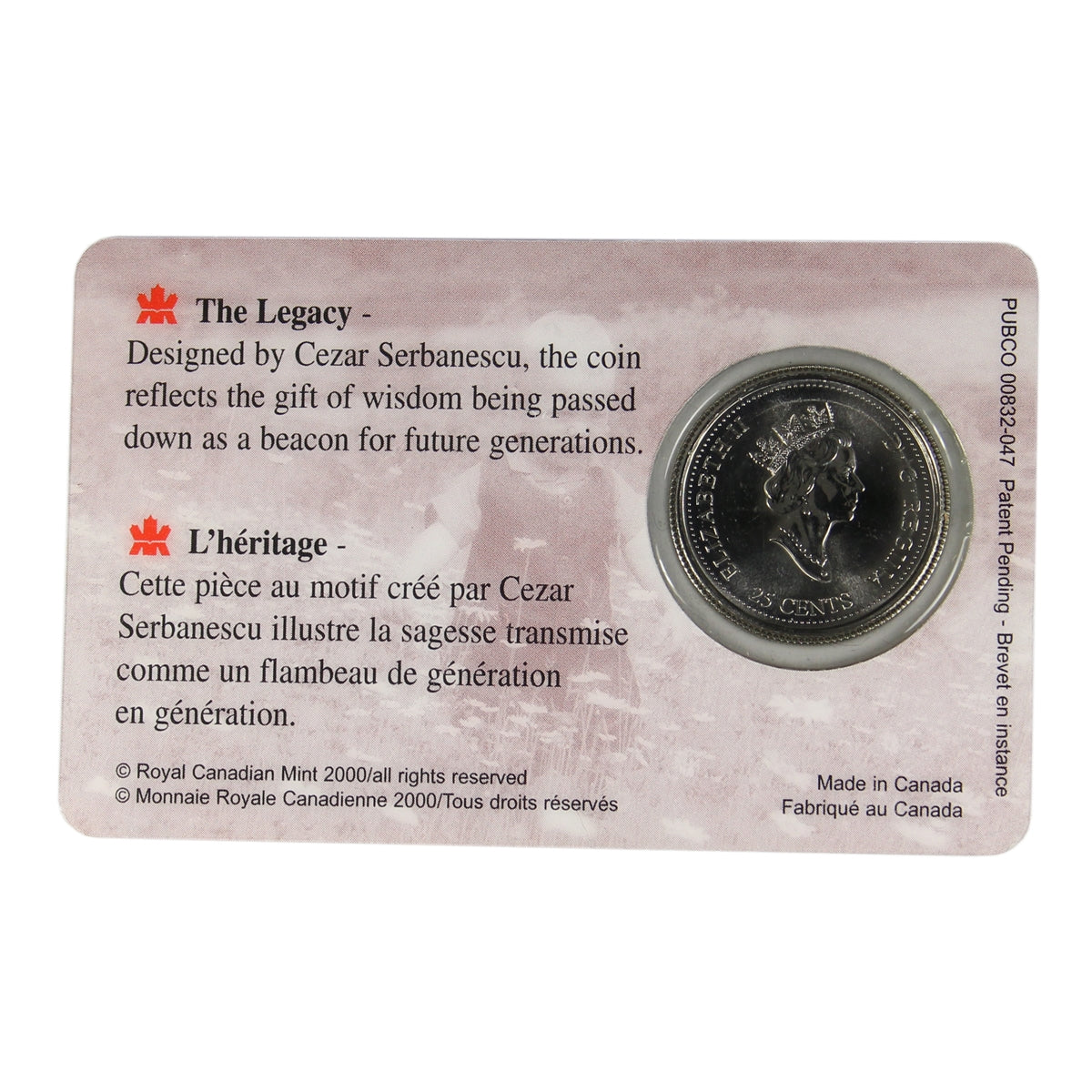 2000 Wisdom Canada Millennium 25-cent Coin in Card Issued by the RCM