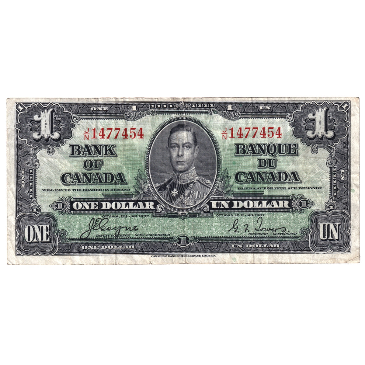 BC-21d 1937 Canada $1 Note, Coyne-Towers, F-VF (F-15) Tears, holes, or impaired