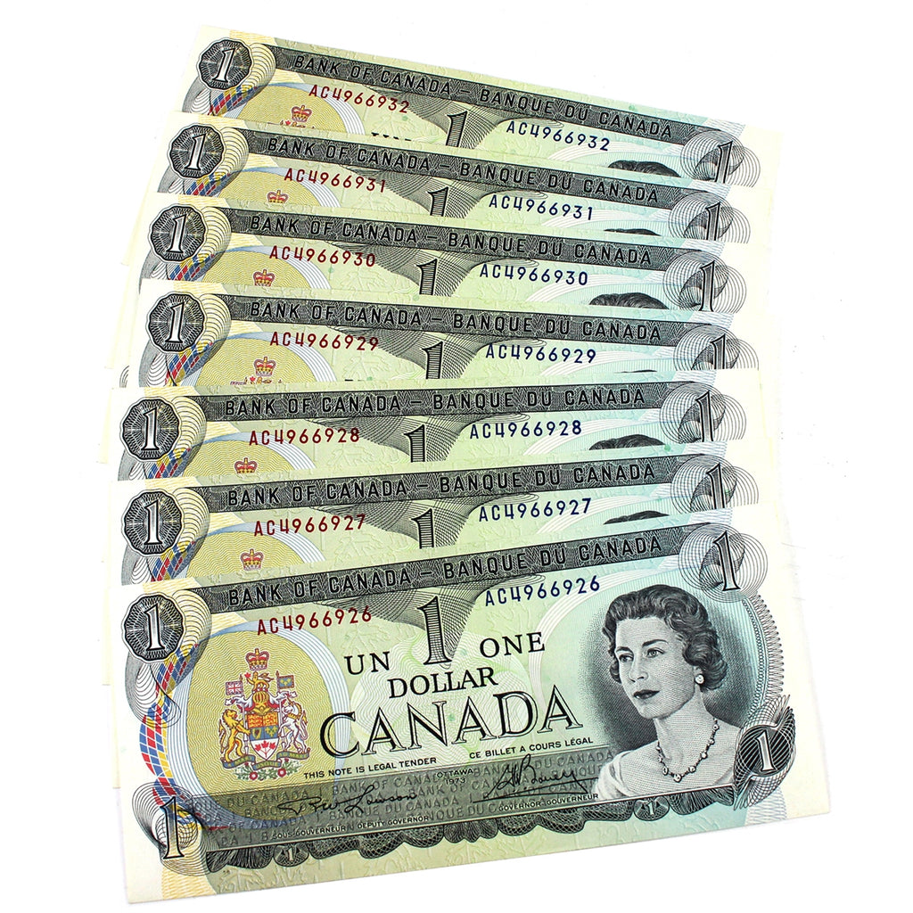 7x Sequential BC-46a 1973 Canada $1 Notes, Lawson-Bouey, 7Pcs