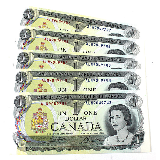 Lot of 5x Sequential BC-46b 1973 Canada $1 Notes, Crow-Bouey, 5Pcs