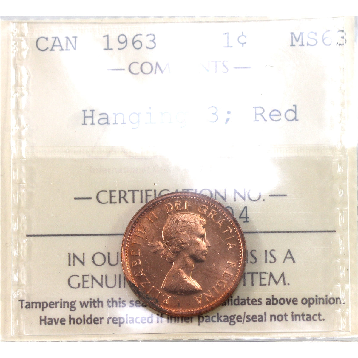 1963 Hanging 3 Canada 1-cent ICCS Certified MS-63 Red