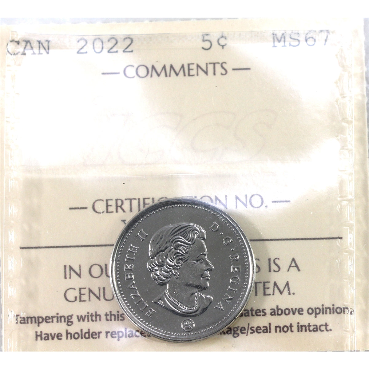 2022 Canada 5-cents ICCS Certified MS-67