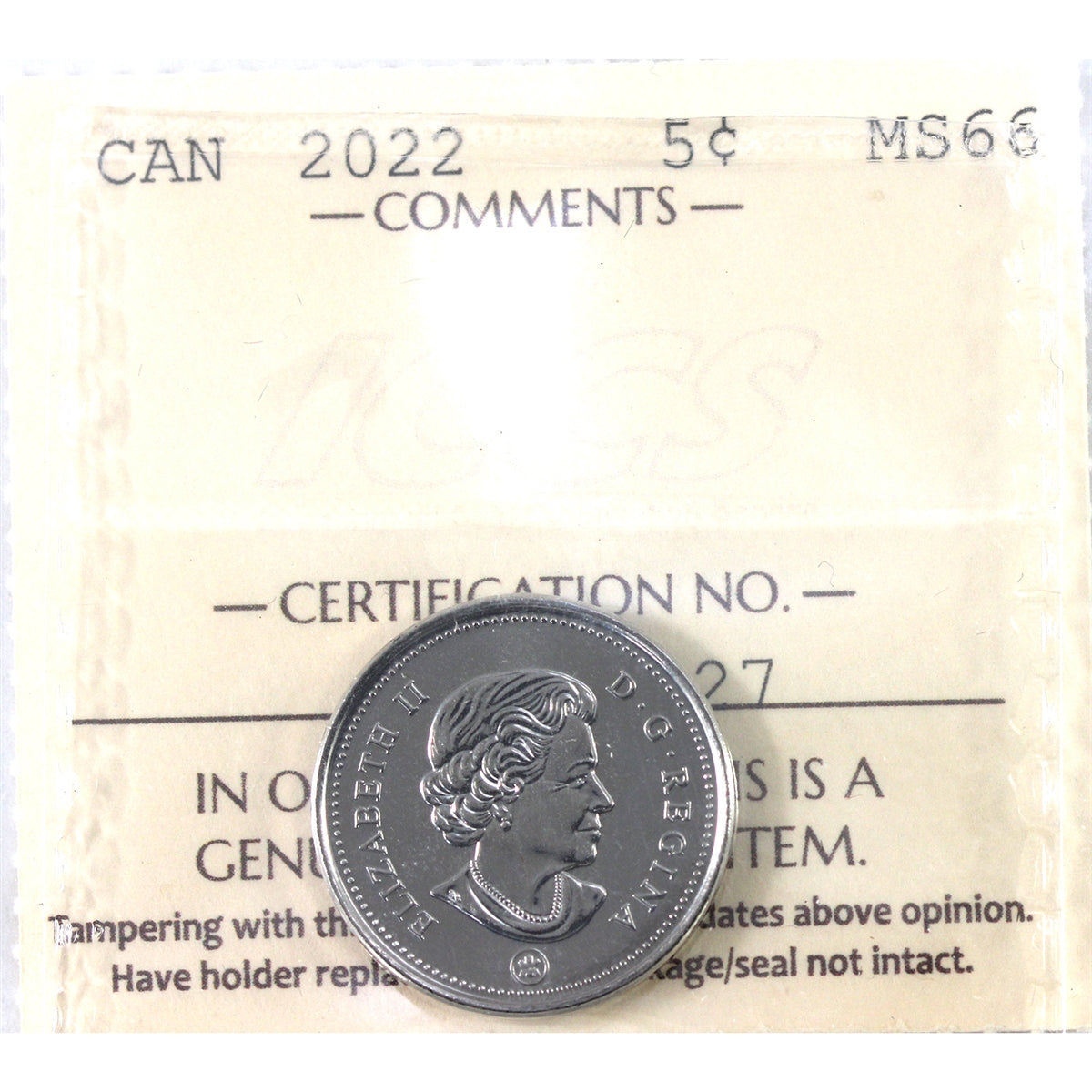 2022 Canada 5-cents ICCS Certified MS-66