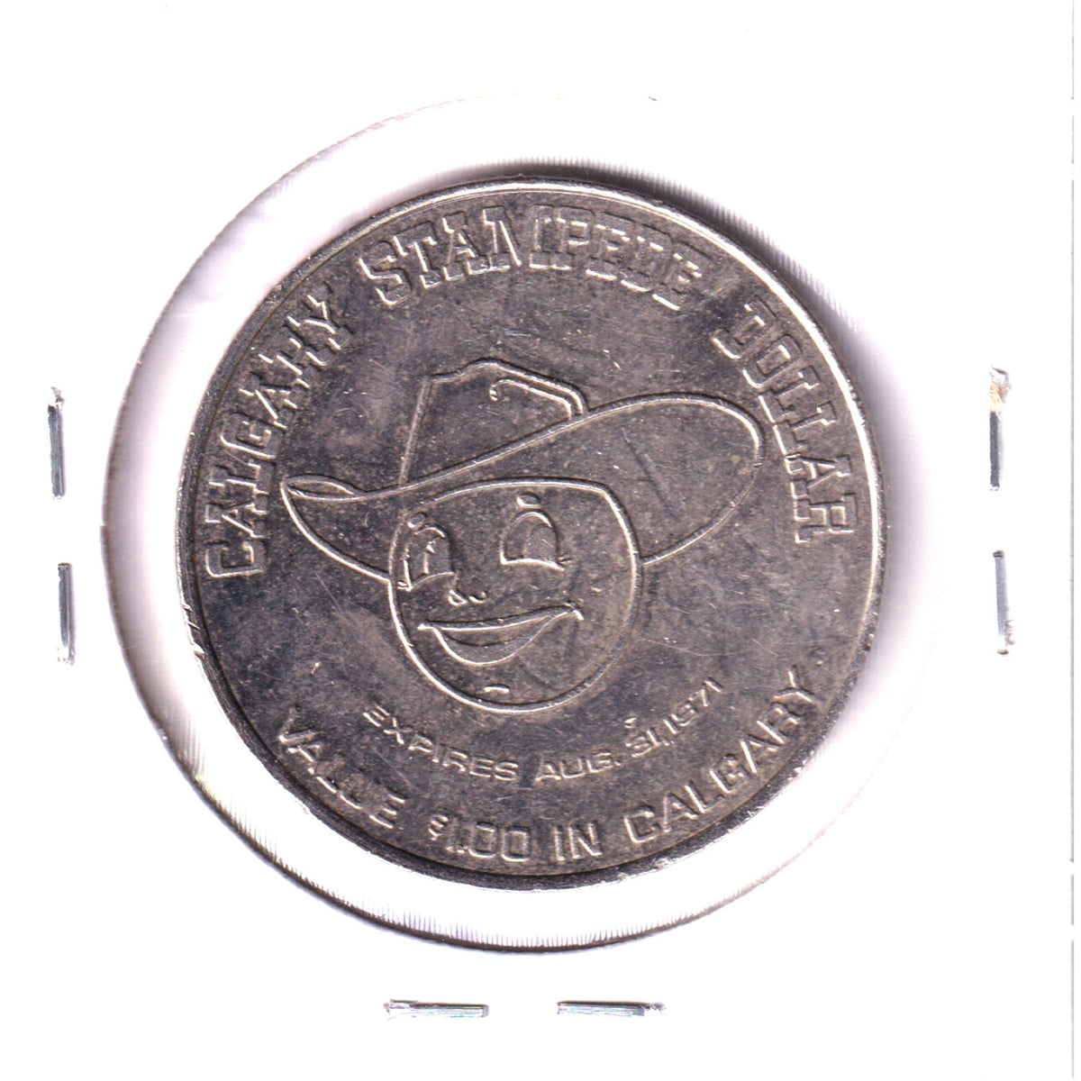 1971 Calgary Stampede Dollar Trade Token: Smiley Face in Cowboy Hat