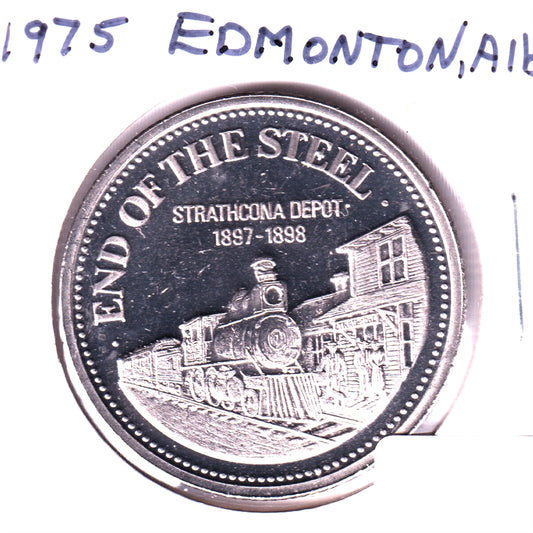 1975 Edmonton Klondike Days Trade Dollar Token: End of the Steel - Strathcona RR Depot