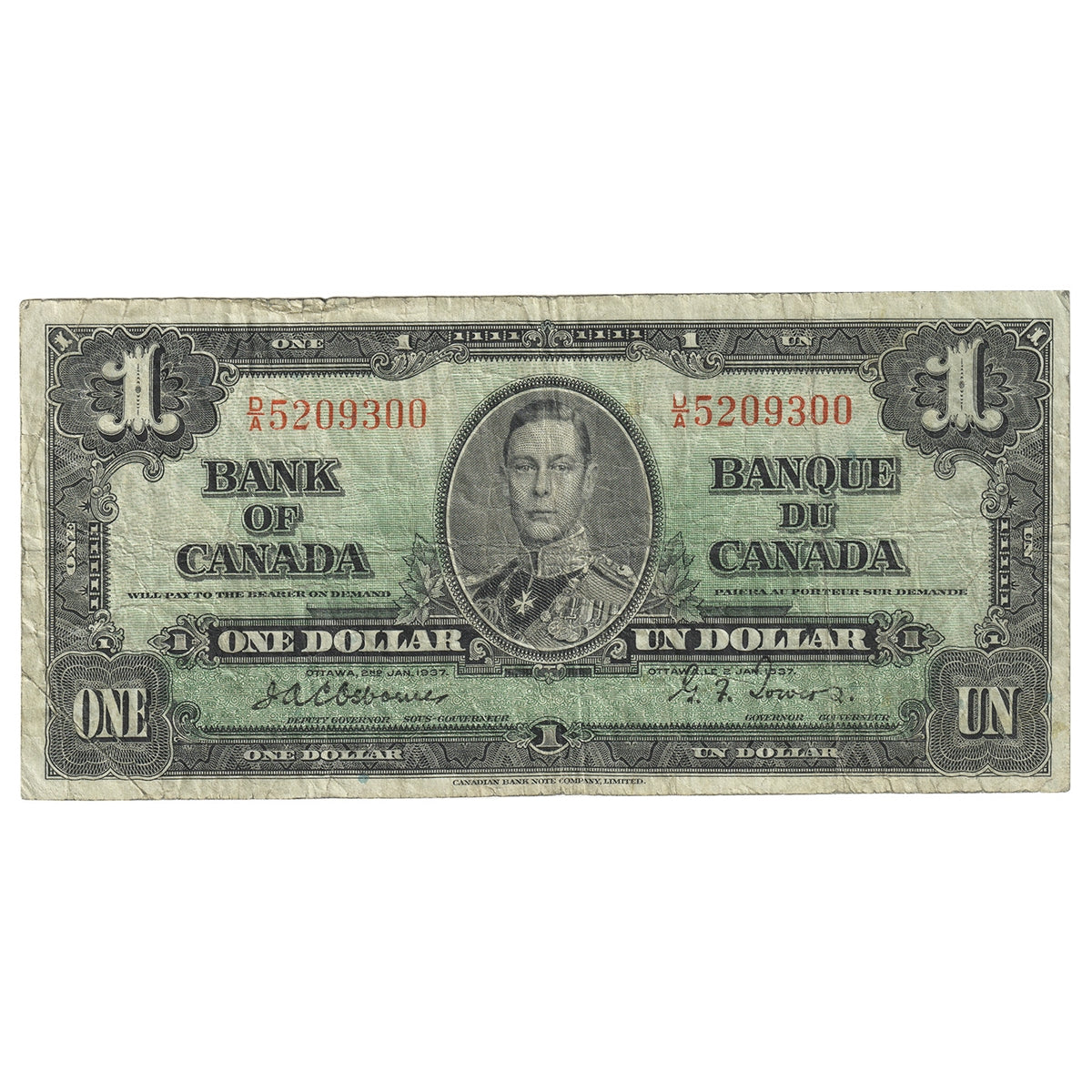 BC-21a 1937 Canada $1 Osborne-Towers, D/A, F