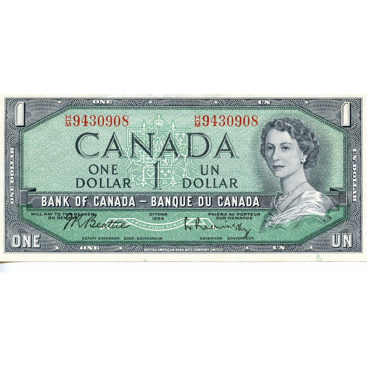 BC-37b-i 1954 Canada $1 Beattie-Rasminsky, H/M, AU