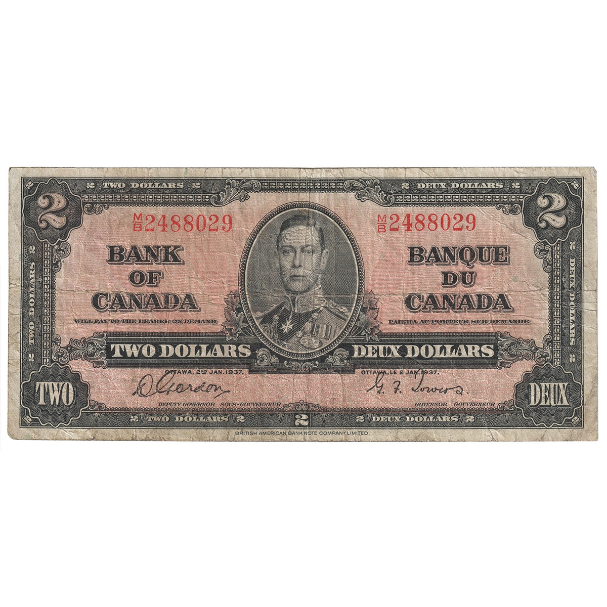 BC-22b 1937 Canada $2 Gordon-Towers, M/B, VG-F