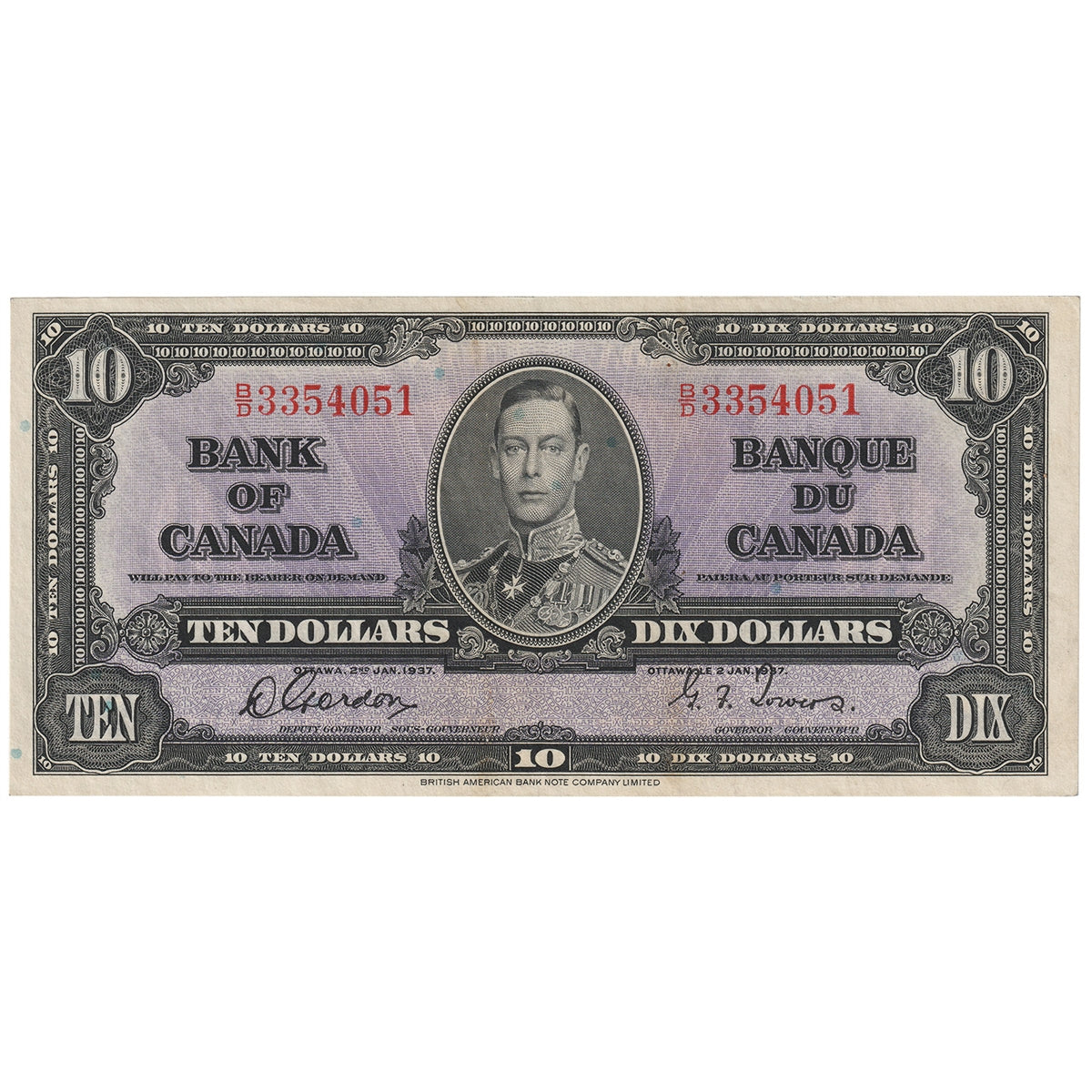 BC-24b 1937 Canada $10 Gordon-Towers, B/D, AU