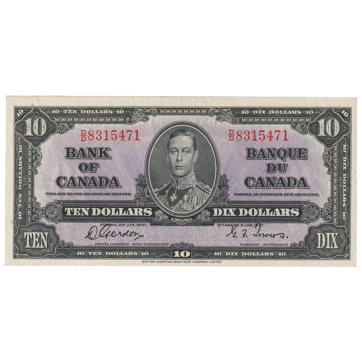 BC-24b 1937 Canada $10 Gordon-Towers, D/D, CUNC