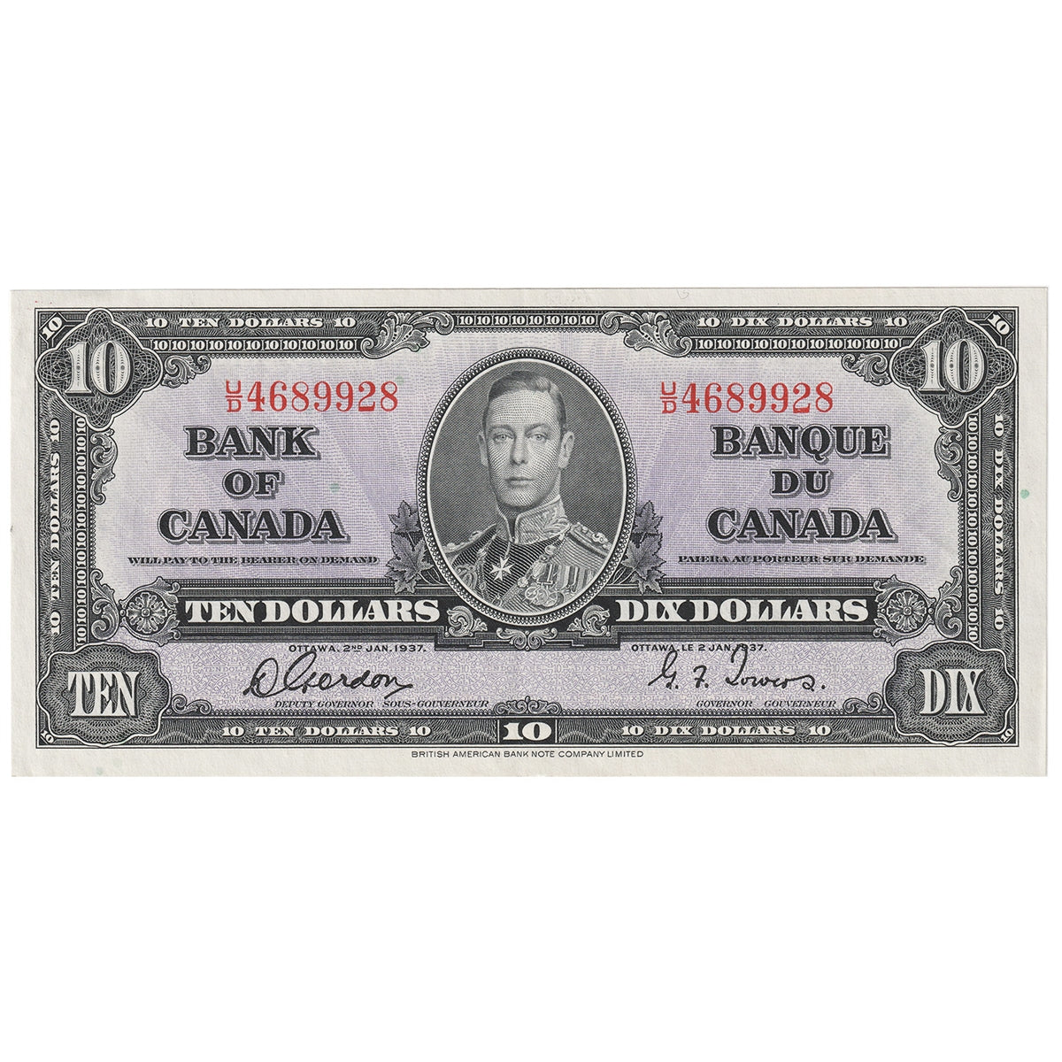 BC-24b 1937 Canada $10 Gordon-Towers, U/D, EF-AU