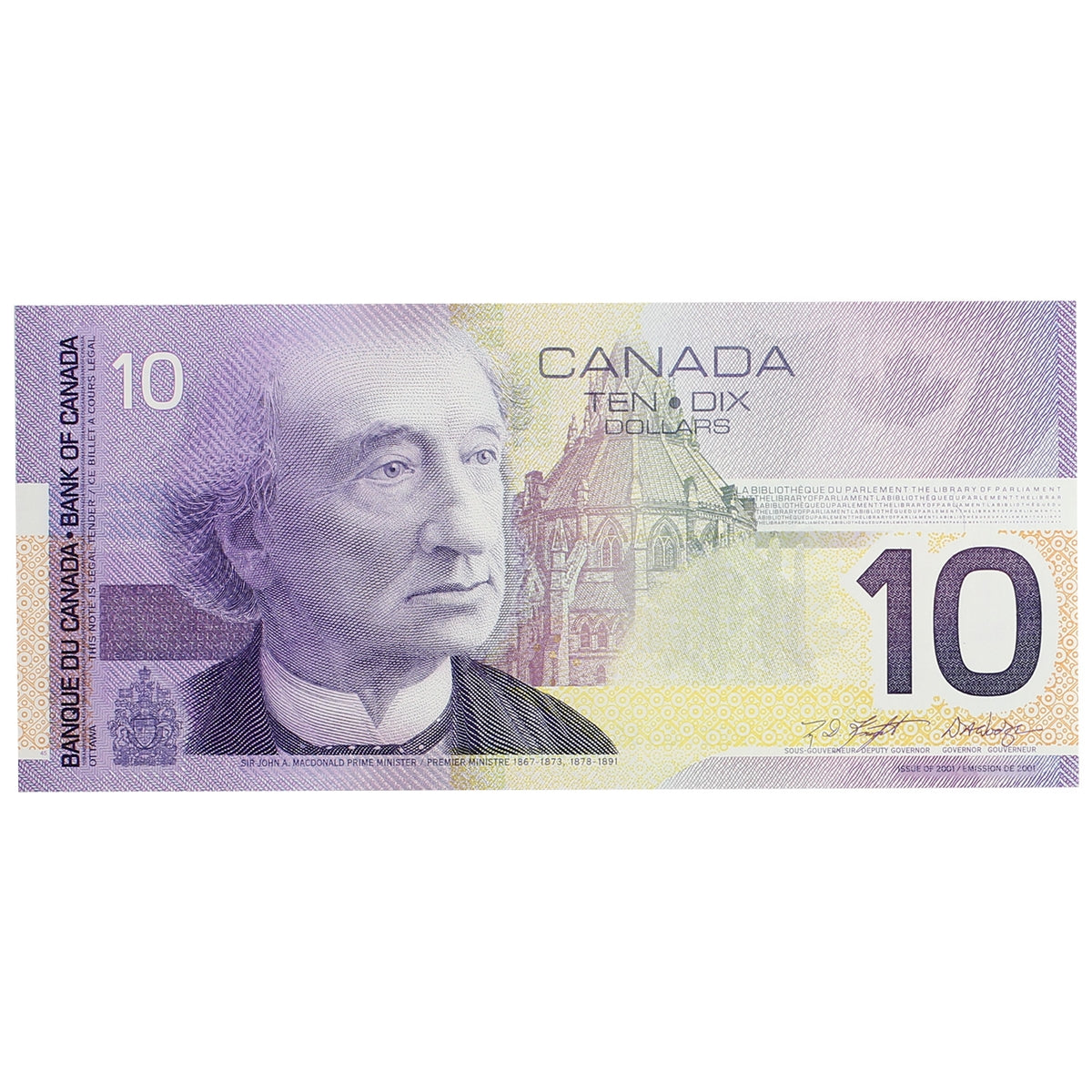 BC-63b 2001 Canada $10 Knight-Dodge, Missing Circle, FEC, AU-UNC