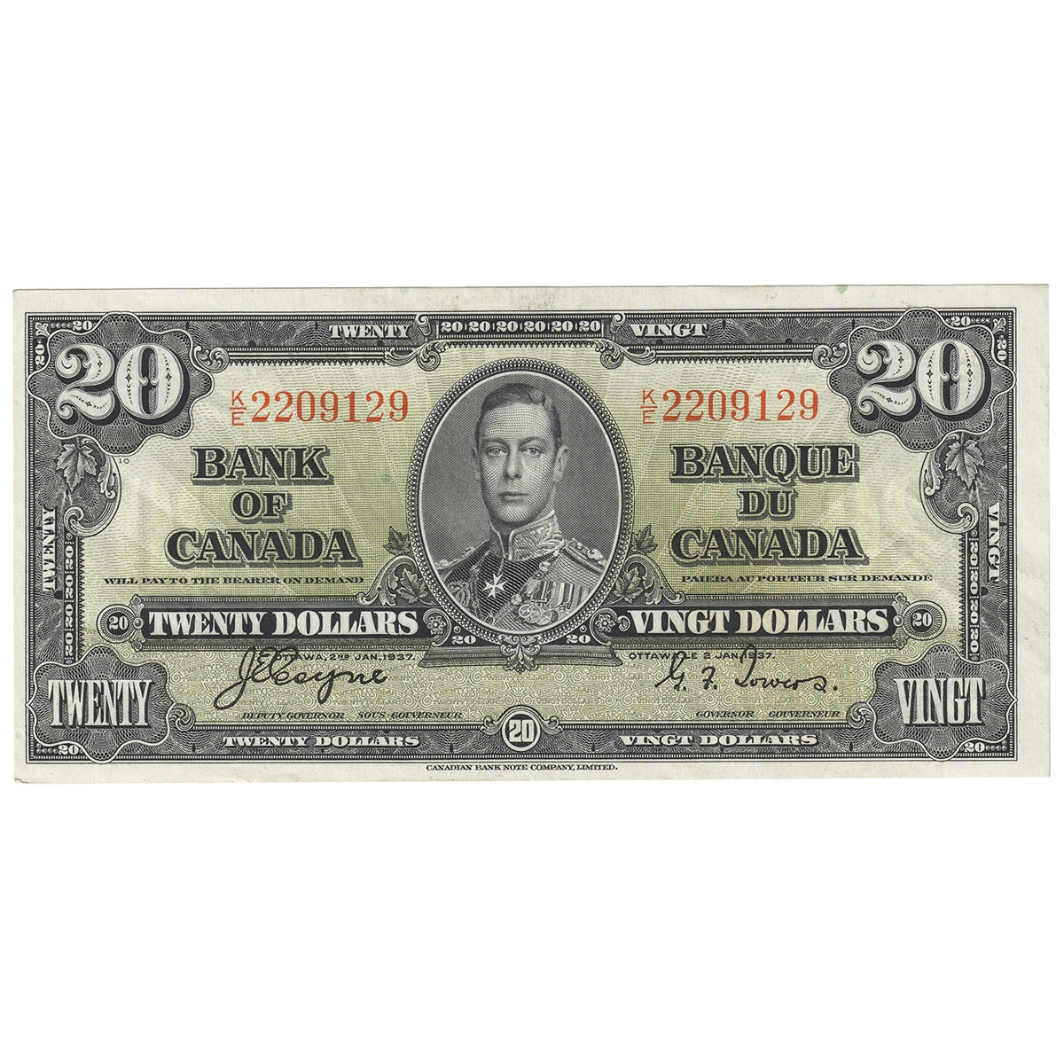 BC-25c 1937 Canada $20 Coyne-Towers, K/E, AU-UNC