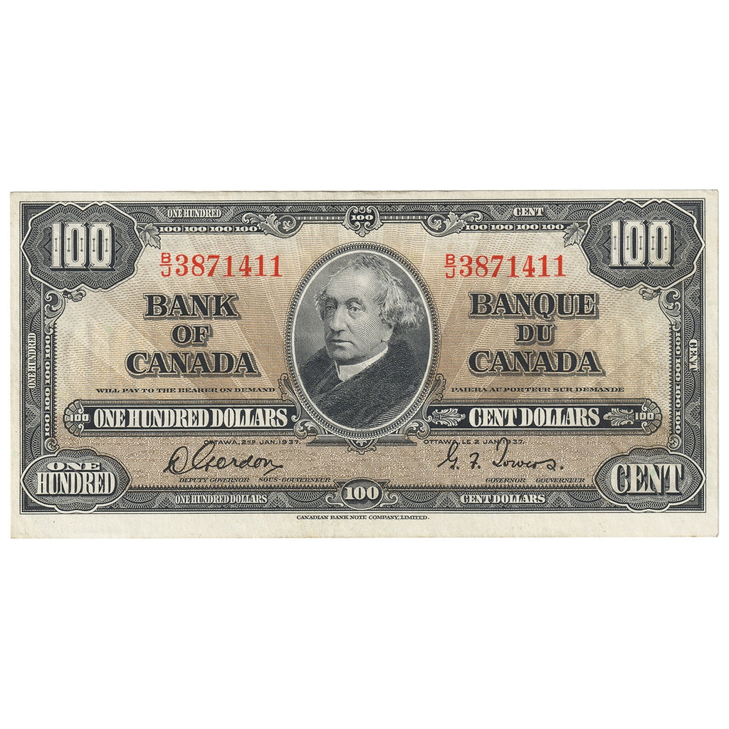 BC-27b 1937 Canada $100 Gordon-Towers, B/J, AU-UNC