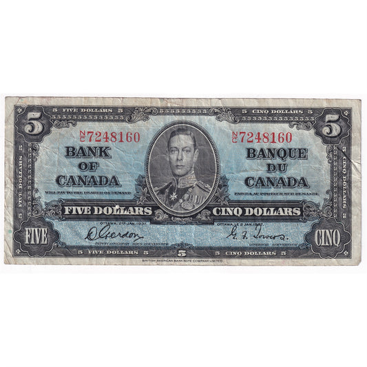 BC-23b 1937 Canada $5 Gordon-Towers, N/C, F-VF