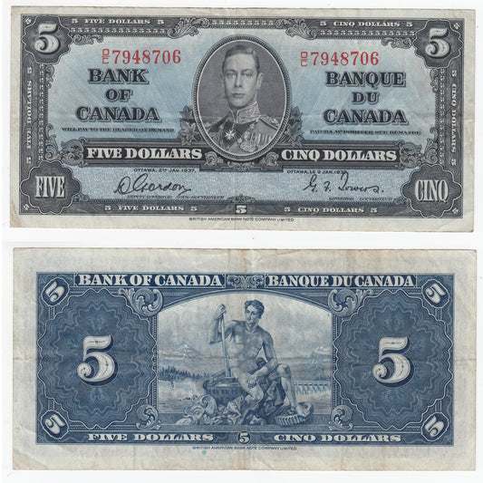 BC-23b 1937 Canada $5 Gordon-Towers, O/C, VF