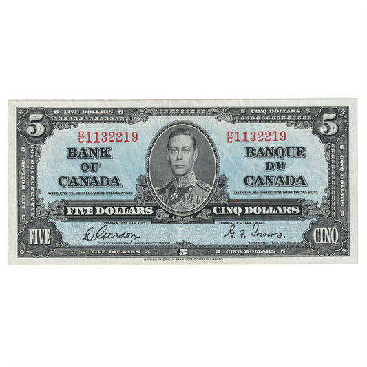 BC-23b 1937 Canada $5 Gordon-Towers, R/C, VF-EF