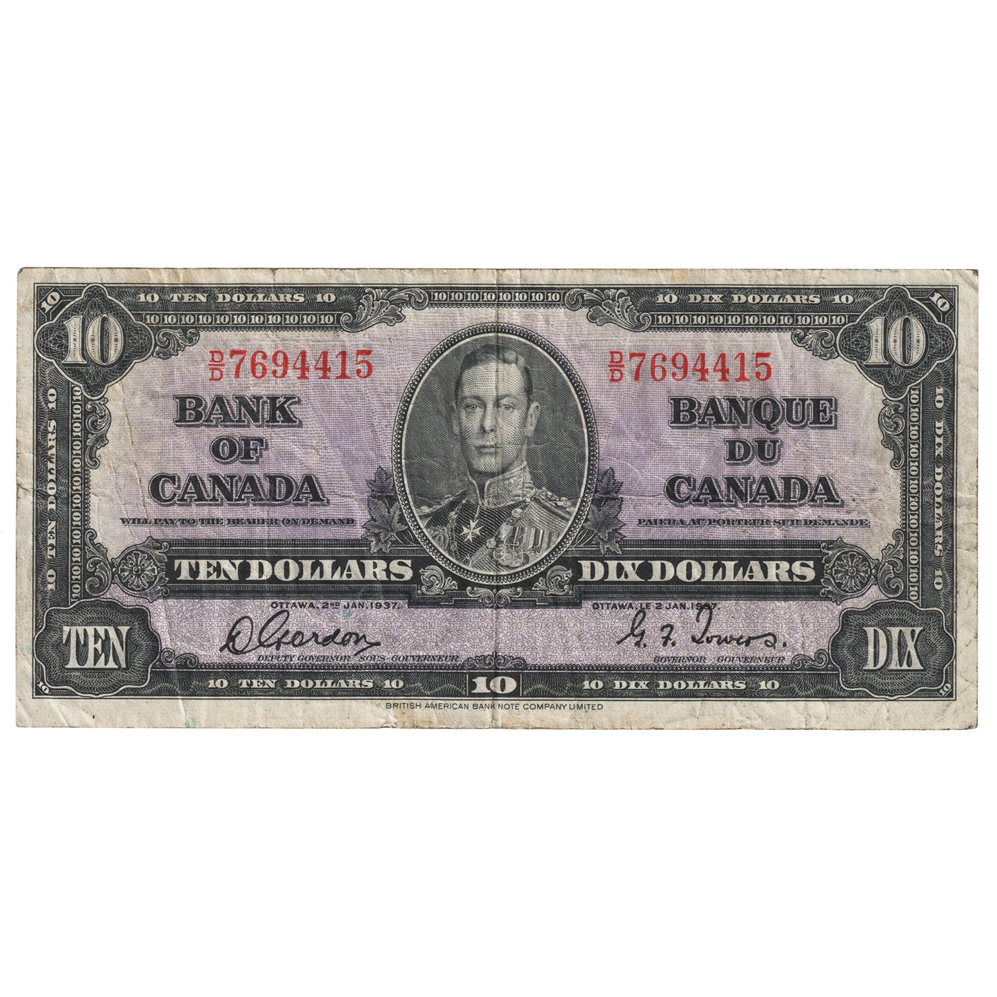 BC-24b 1937 Canada $10 Gordon-Towers, D/D, F-VF