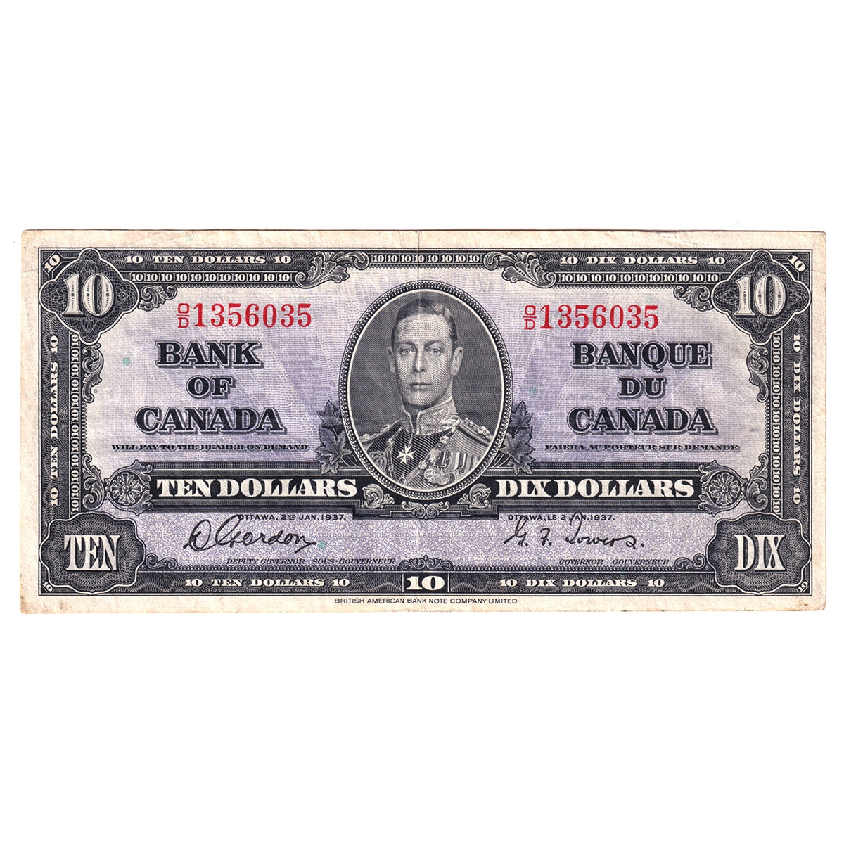 BC-24b 1937 Canada $10 Gordon-Towers, O/D, VF-EF