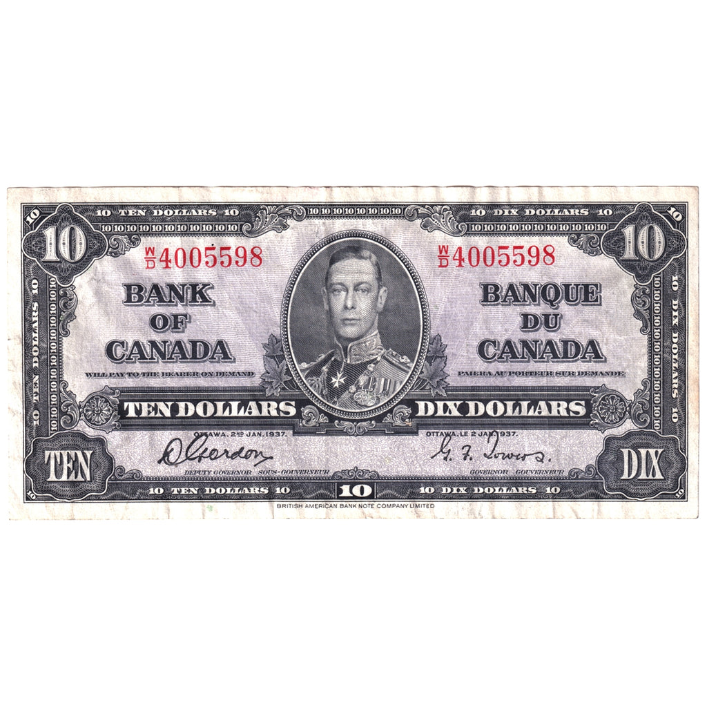 BC-24b 1937 Canada $10 Gordon-Towers, W/D, VF