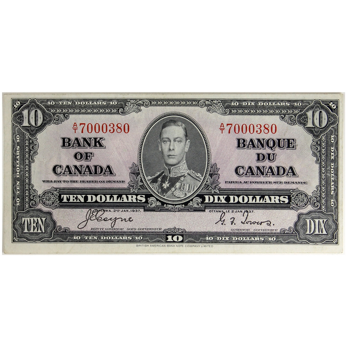 BC-24c 1937 Canada $10 Coyne-Towers, A/T, VF-EF