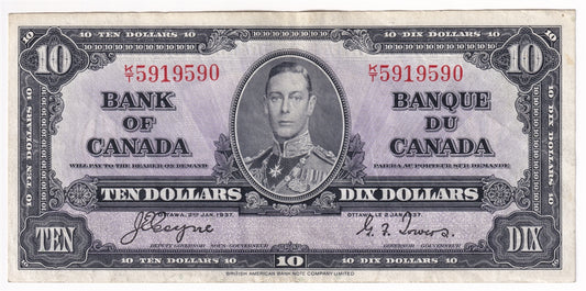 BC-24c 1937 Canada $10 Coyne-Towers, K/T, EF