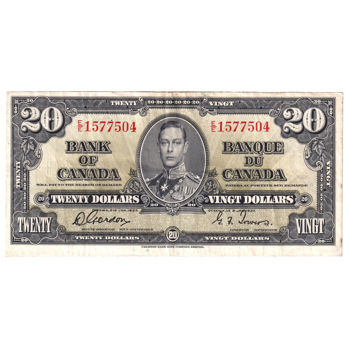 BC-25b 1937 Canada $20 Gordon-Towers, E/E, VF