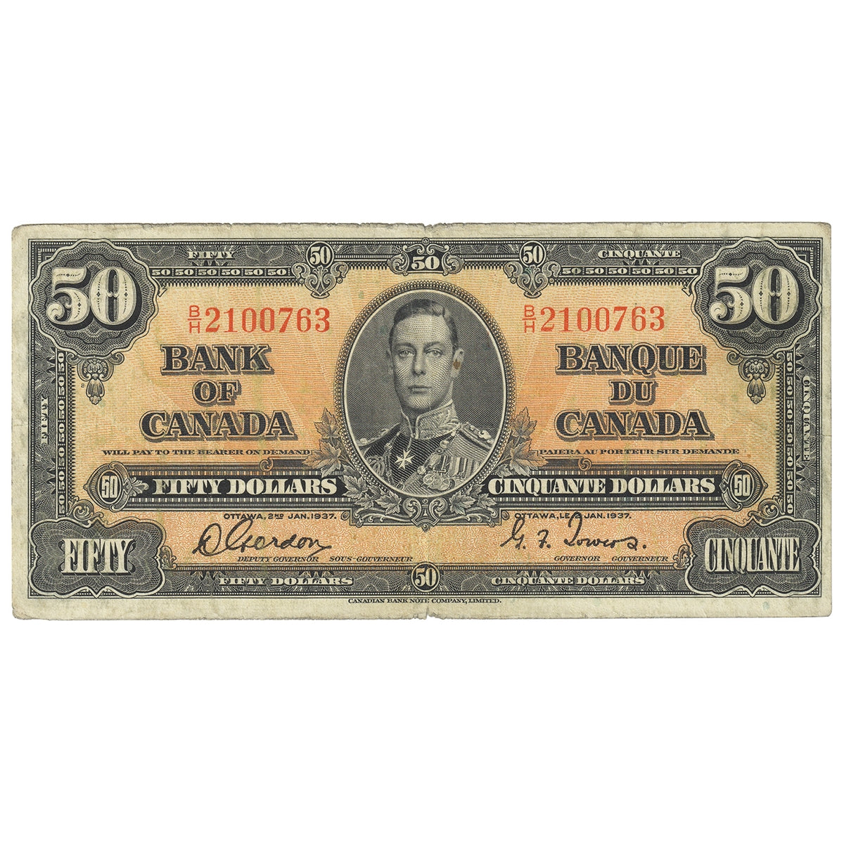 BC-26b 1937 Canada $50 Gordon-Towers, B/H, F