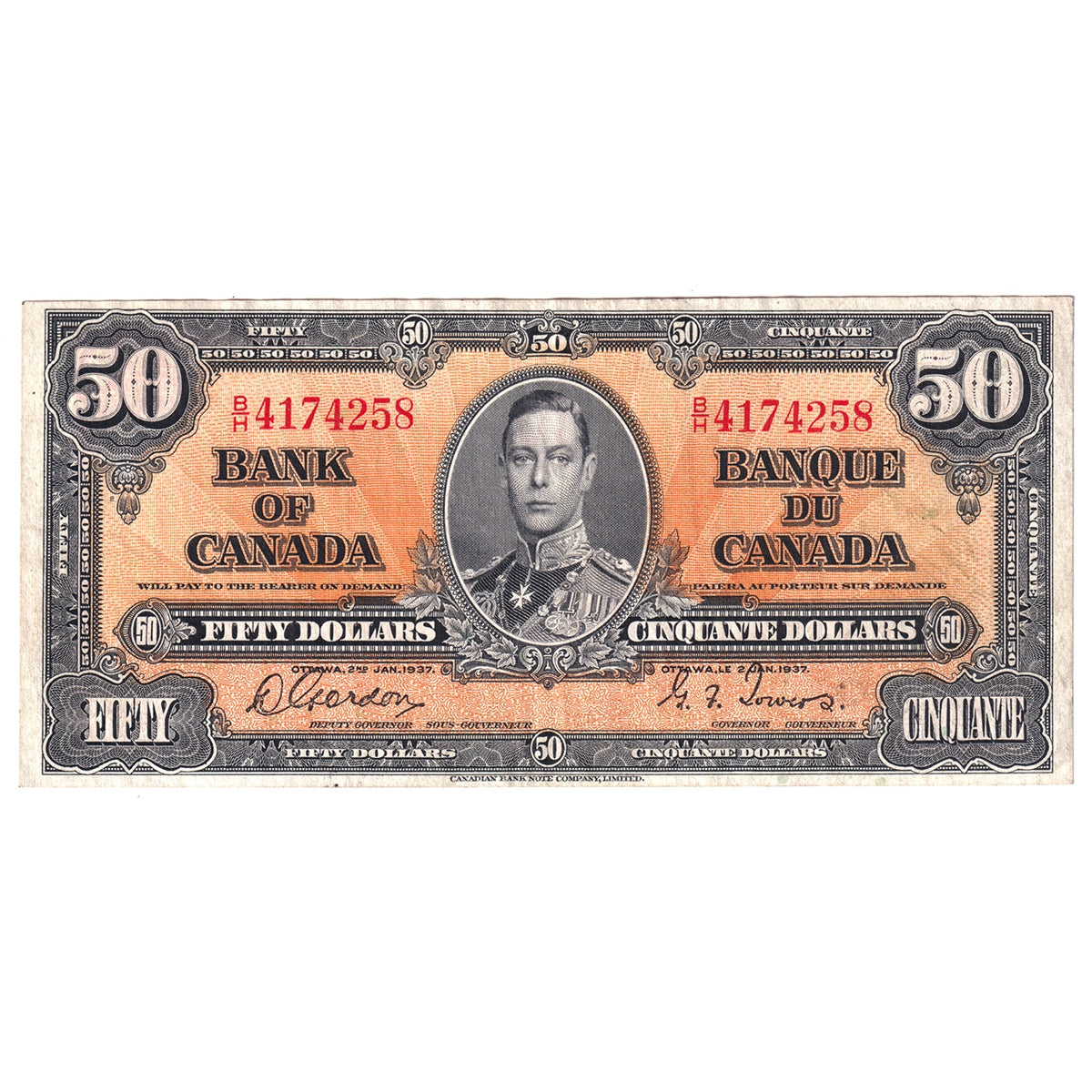 BC-26b 1937 Canada $50 Gordon-Towers, B/H, VF-EF