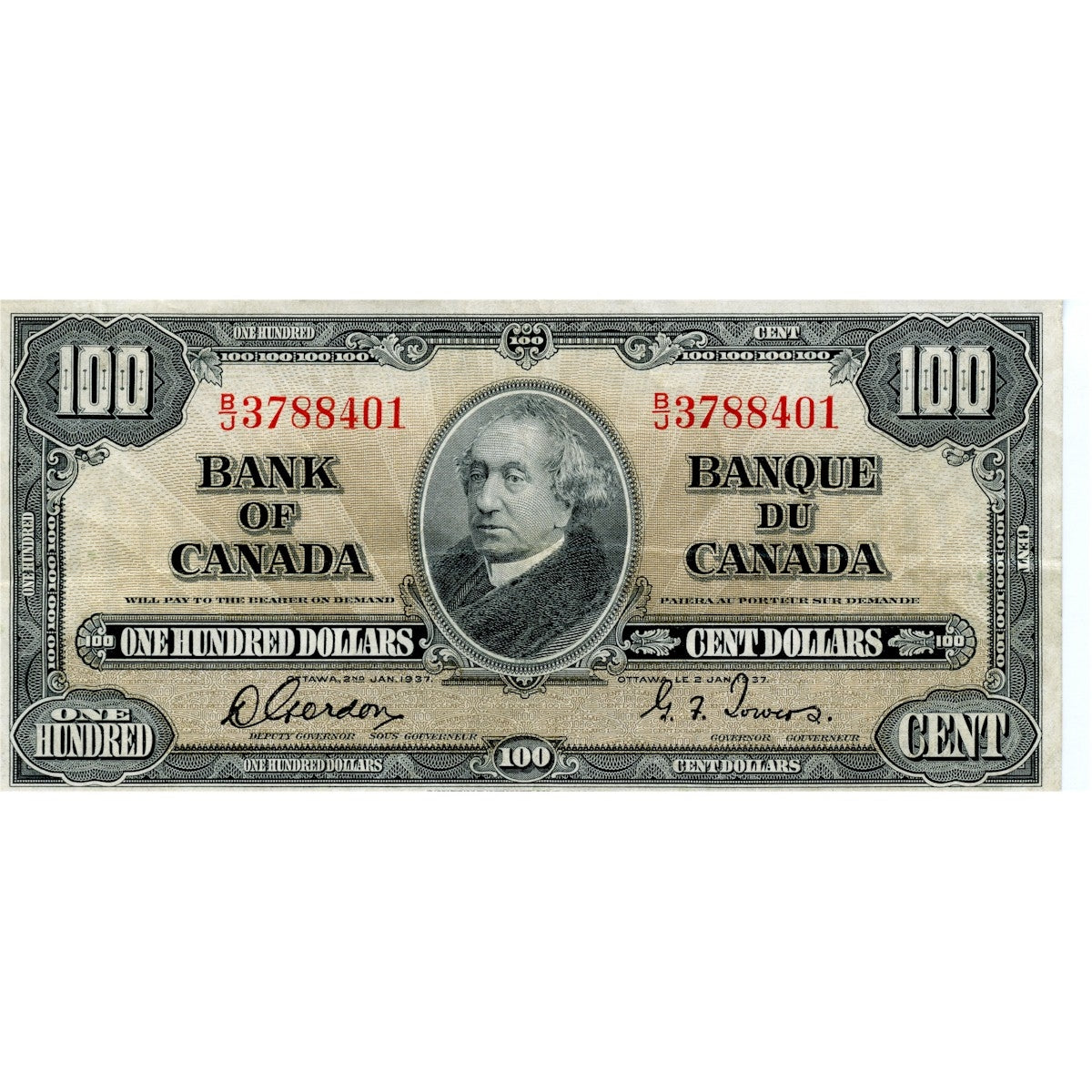 BC-27b 1937 Canada $100 Gordon-Towers, B/J, VF