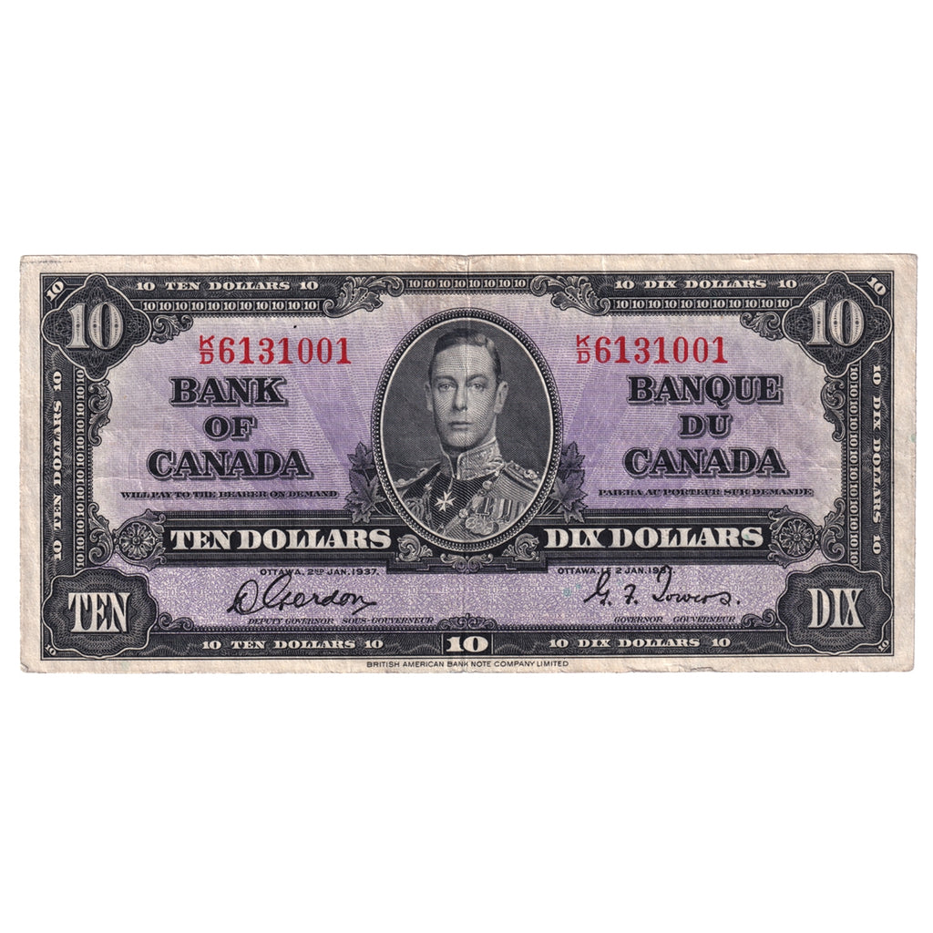 BC-24b 1937 Canada $10 Gordon-Towers, K/D, VF