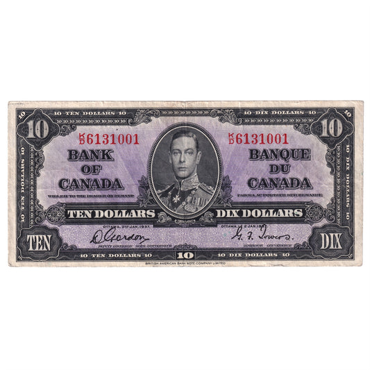 BC-24b 1937 Canada $10 Gordon-Towers, K/D, VF