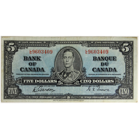 BC-23b 1937 Canada $5 Gordon-Towers, L/C, VF