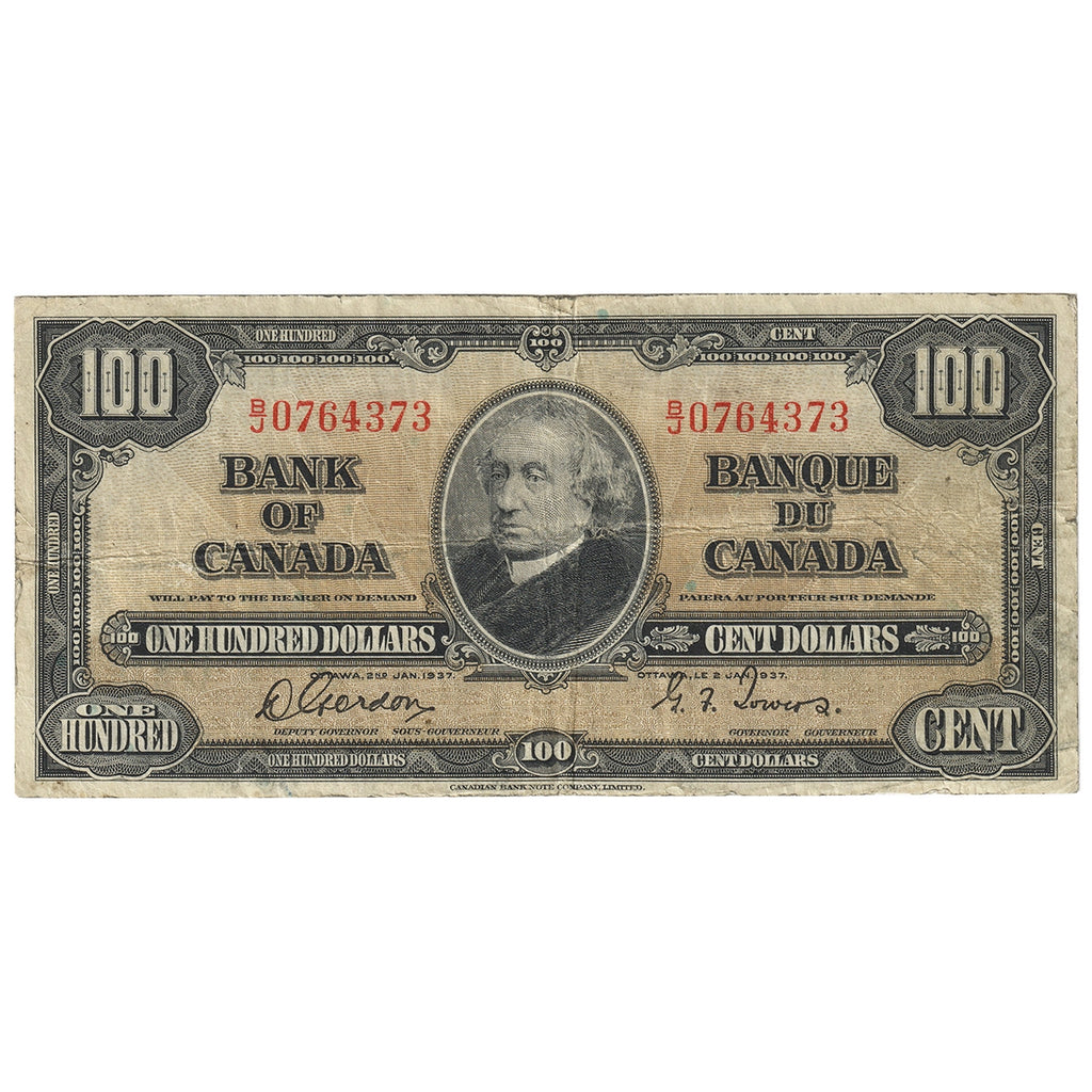 BC-27b 1937 Canada $100 Gordon-Towers, B/J, F-VF