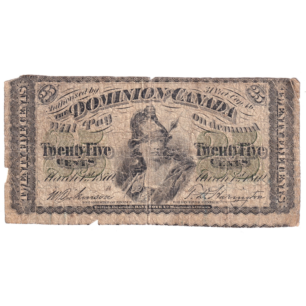 DC-1b-i-E25-i 1870 Dominion 25-cent Shinplaster, Dickinson-Harington, Cut off Size, CIRC