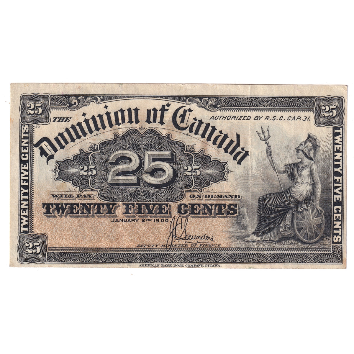 DC-15c 1900 Dominion 25-cent Shinplaster, Saunders, EF