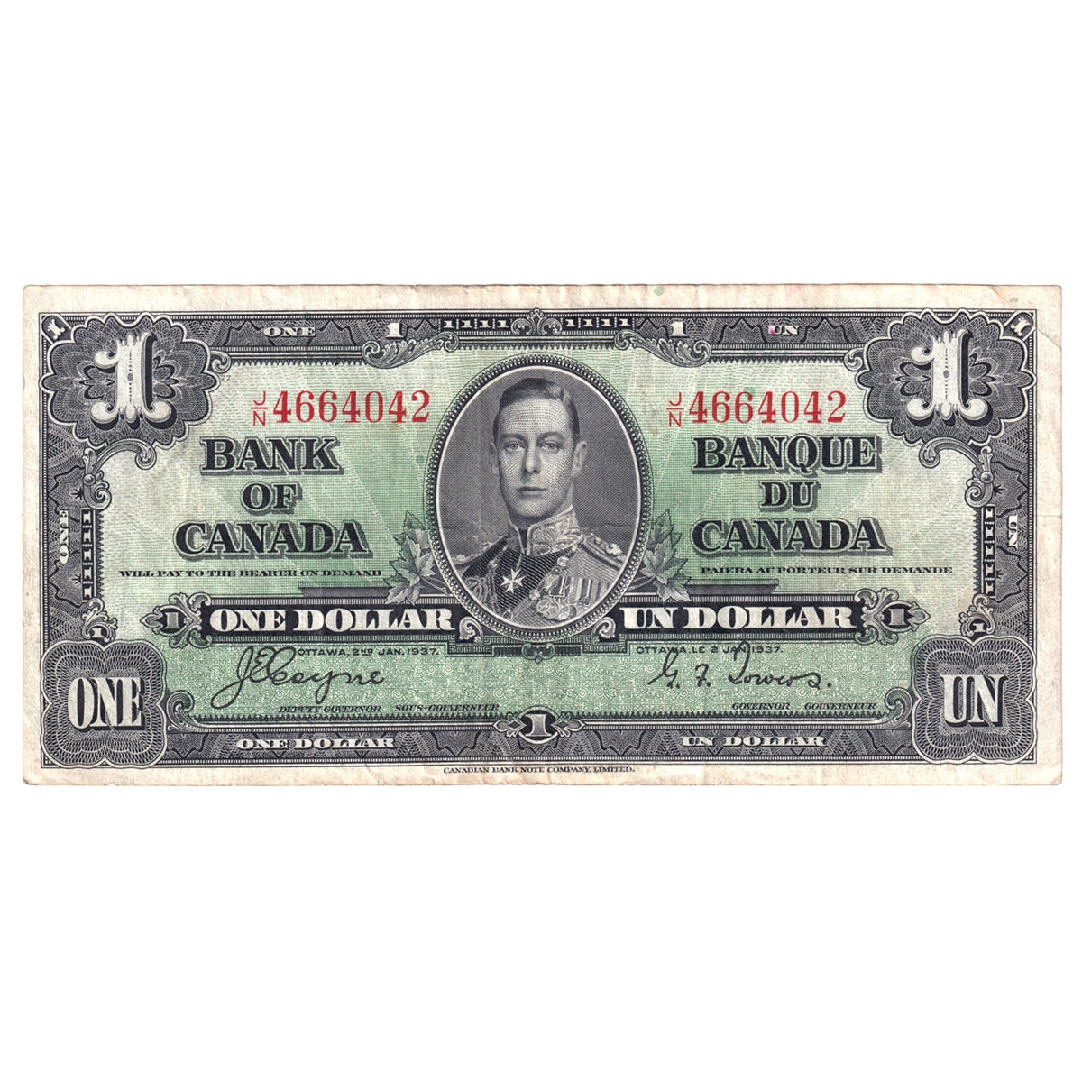 BC-21d 1937 Canada $1 Coyne-Towers, J/N, VF