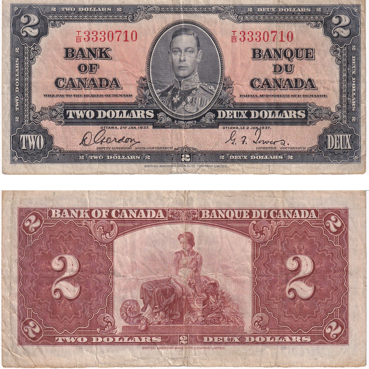 BC-22b 1937 Canada $2 Gordon-Towers, T/B, F