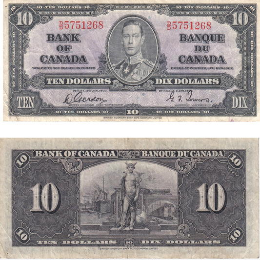 BC-24b 1937 Canada $10 Gordon-Towers, D/D, VF