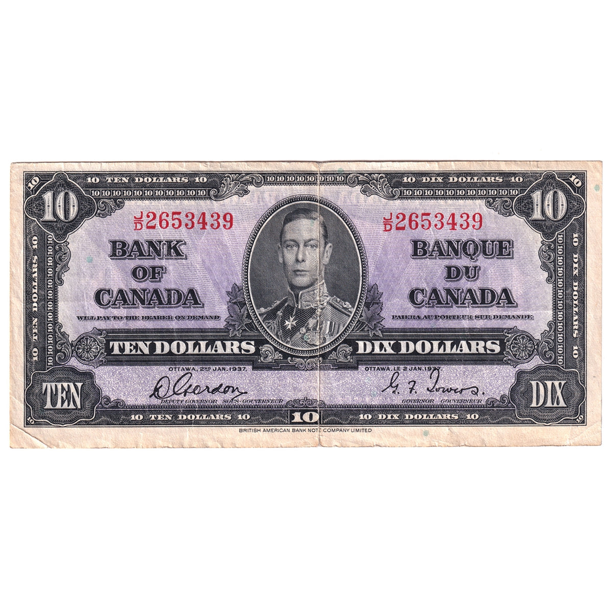 BC-24b 1937 Canada $10 Gordon-Towers, J/D, EF