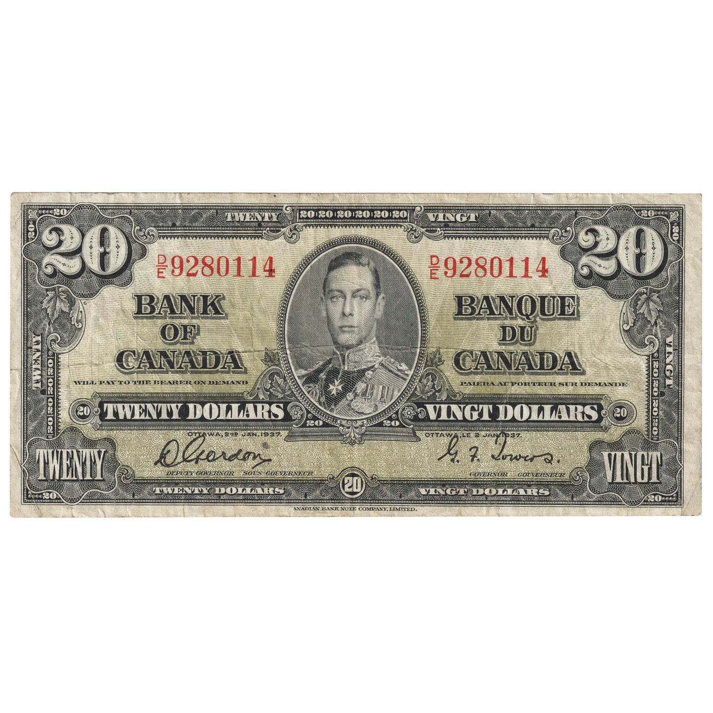 BC-25b 1937 Canada $20 Gordon-Towers, D/E, F-VF