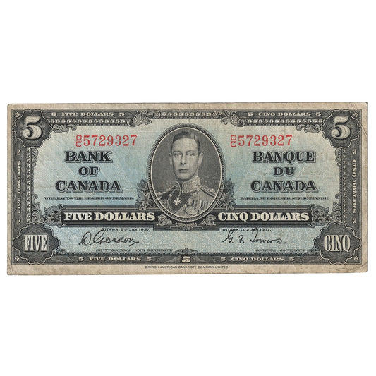 BC-23b 1937 Canada $5 Gordon-Towers, O/C, F-VF