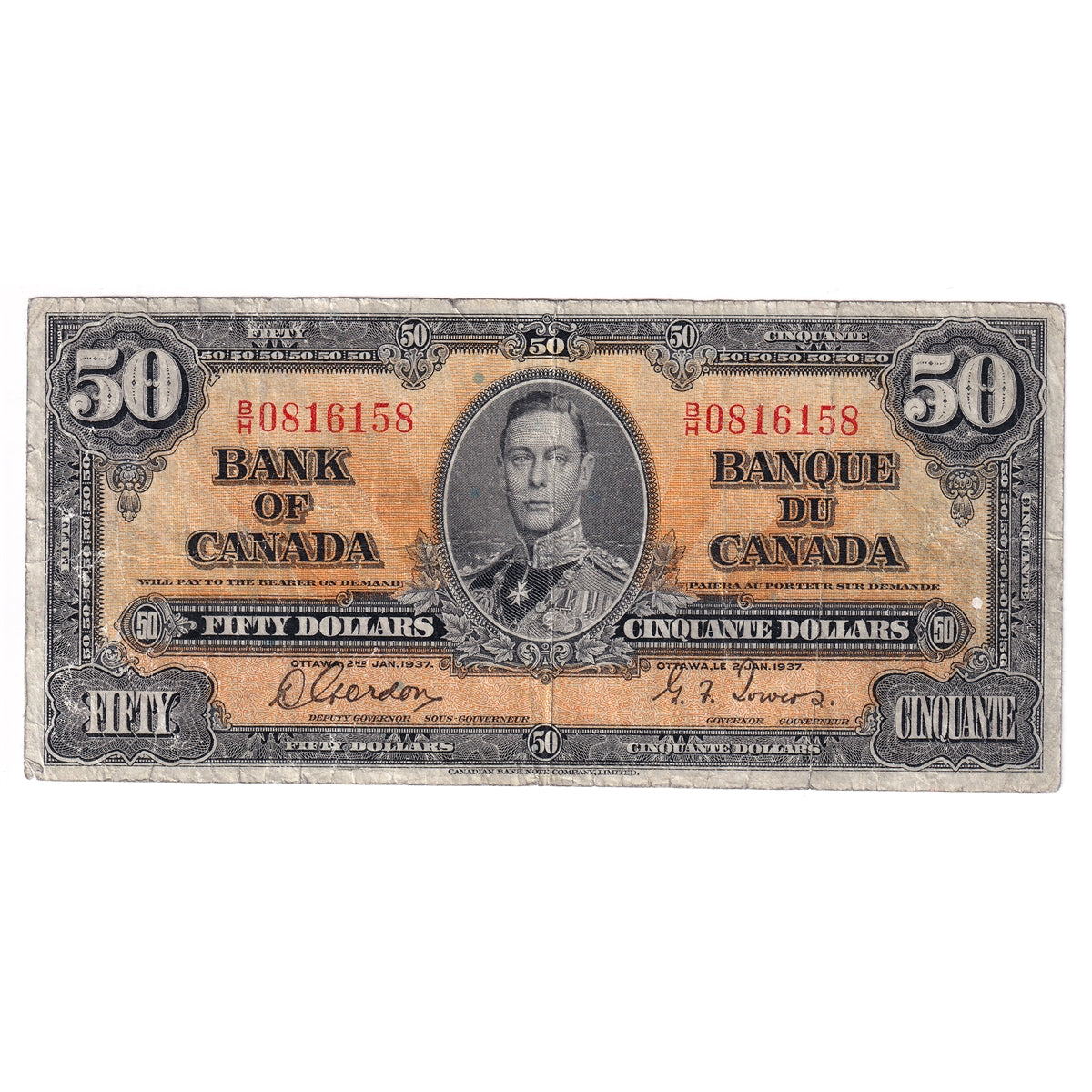 BC-26b 1937 Canada $50 Gordon-Towers, B/H, Circ