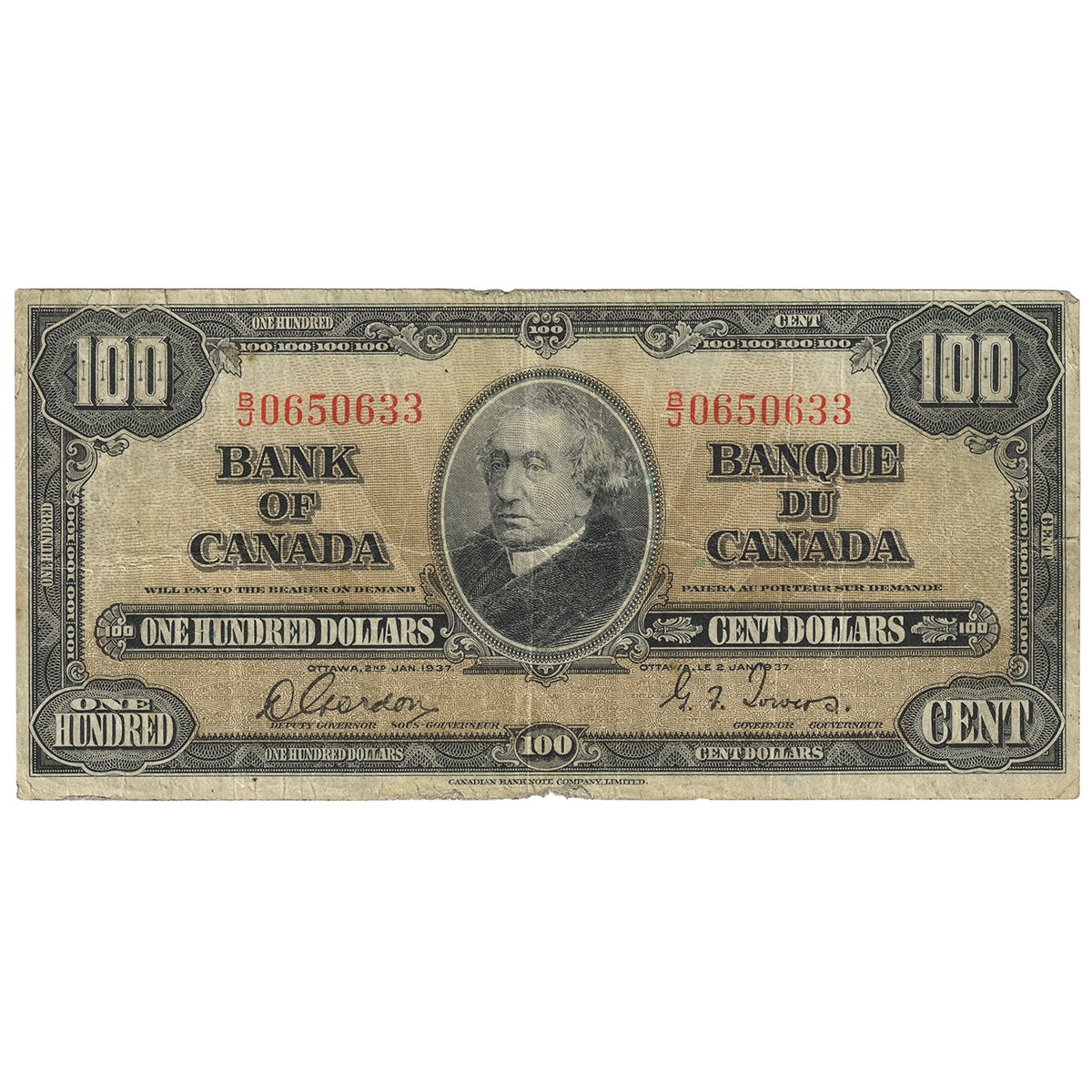 BC-27b 1937 Canada $100 Gordon-Towers, B/J, F