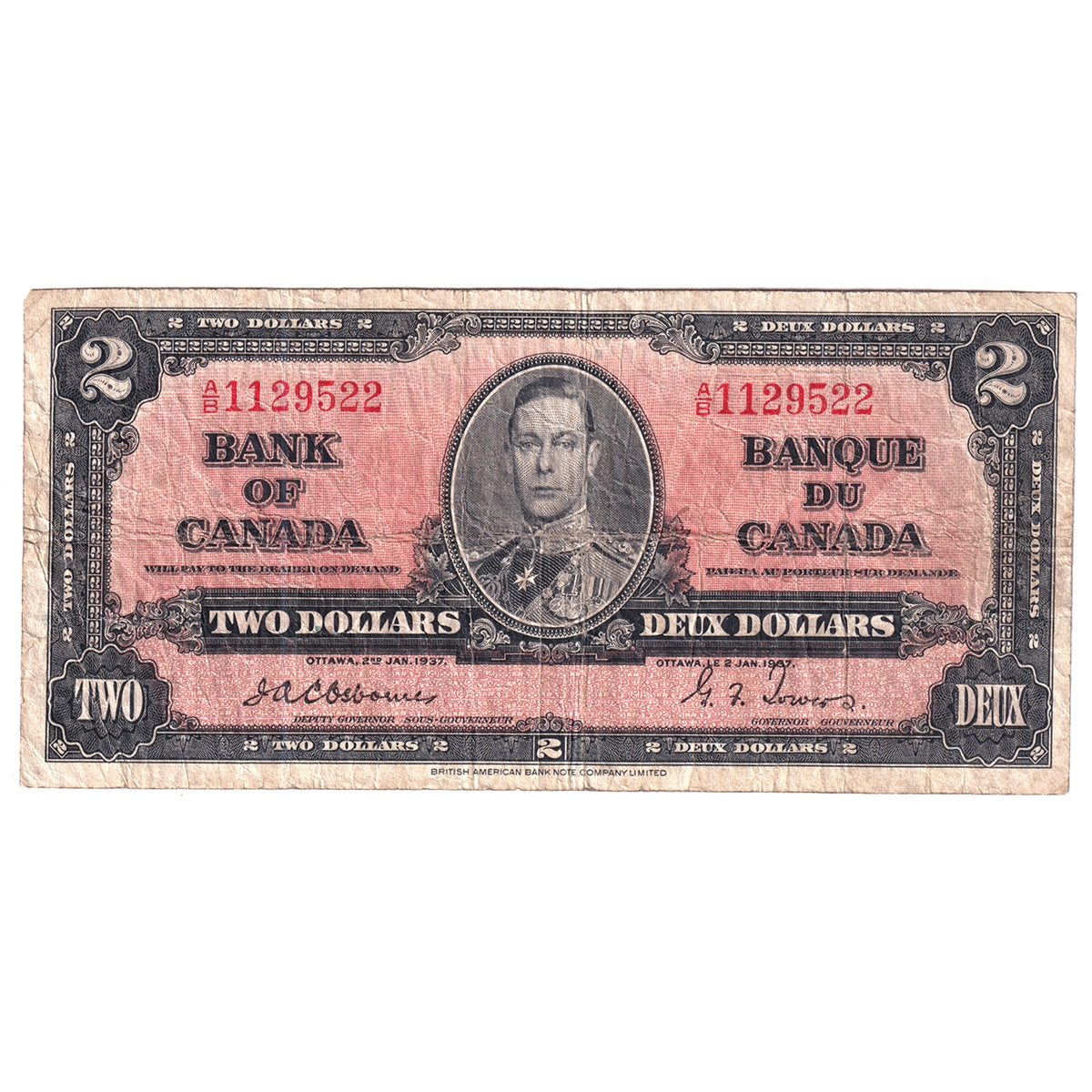 BC-22a 1937 Canada $2 Osborne-Towers, A/B, F