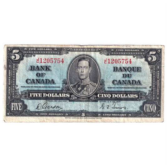 BC-23b 1937 Canada $5 Gordon-Towers, J/C, F-VF