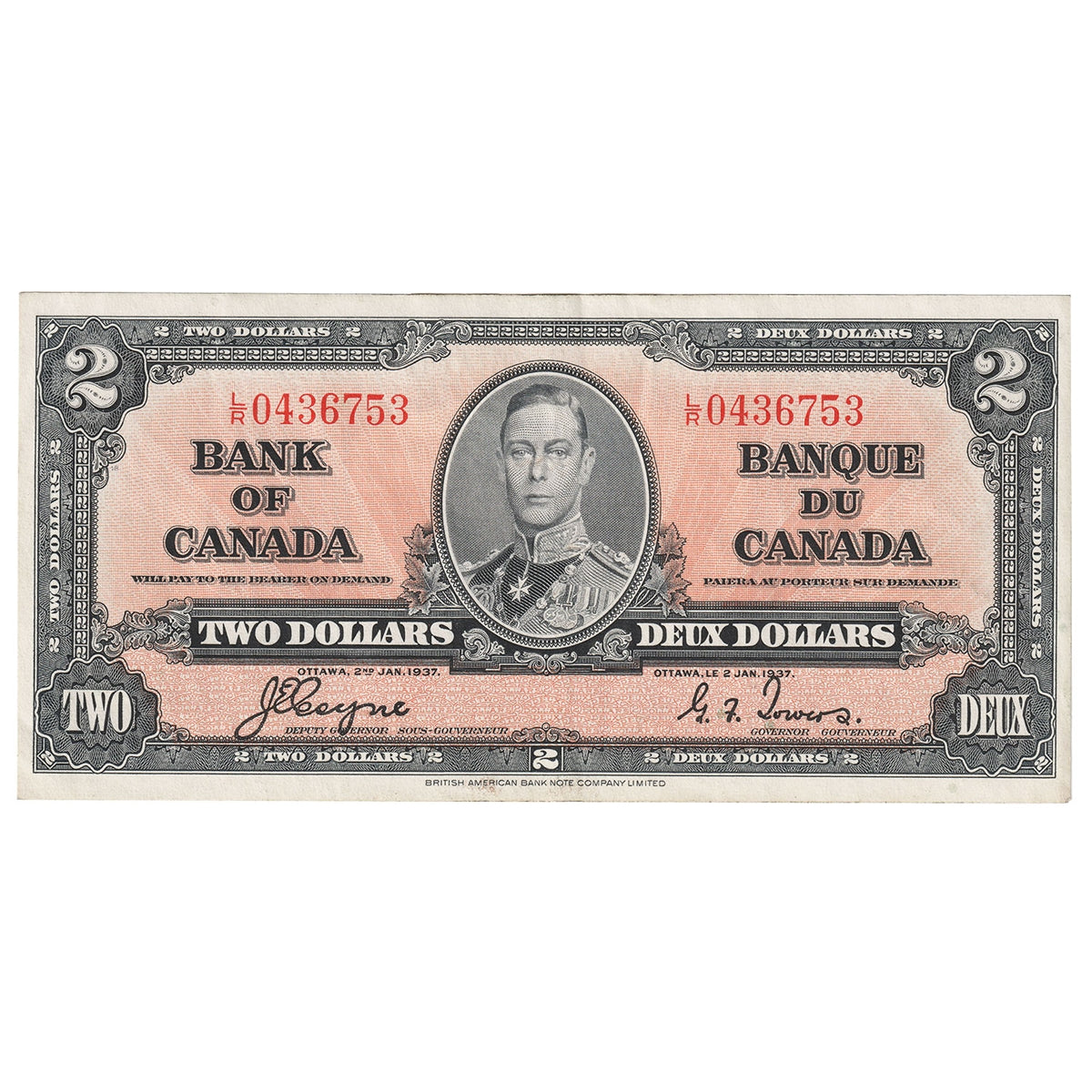 BC-22c 1937 Canada $2 Coyne-Towers, L/R, EF-AU