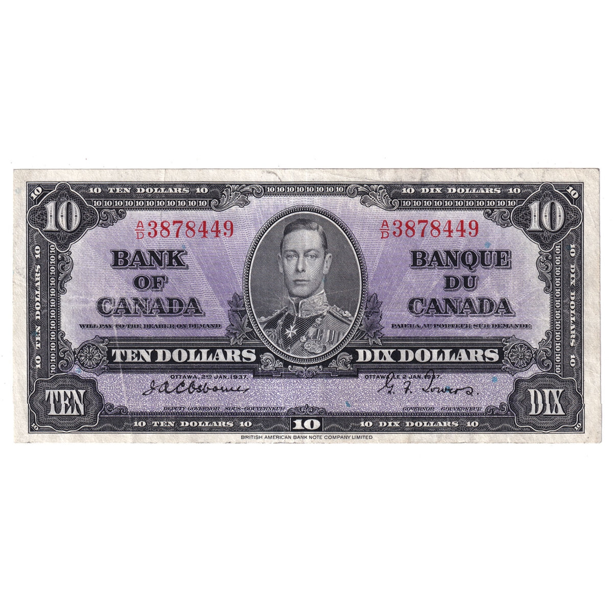 BC-24a 1937 Canada $10 Osborne-Towers, A/D, VF