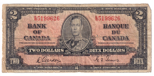 BC-22b 1937 Canada $2 Gordon-Towers, E/B, Circ