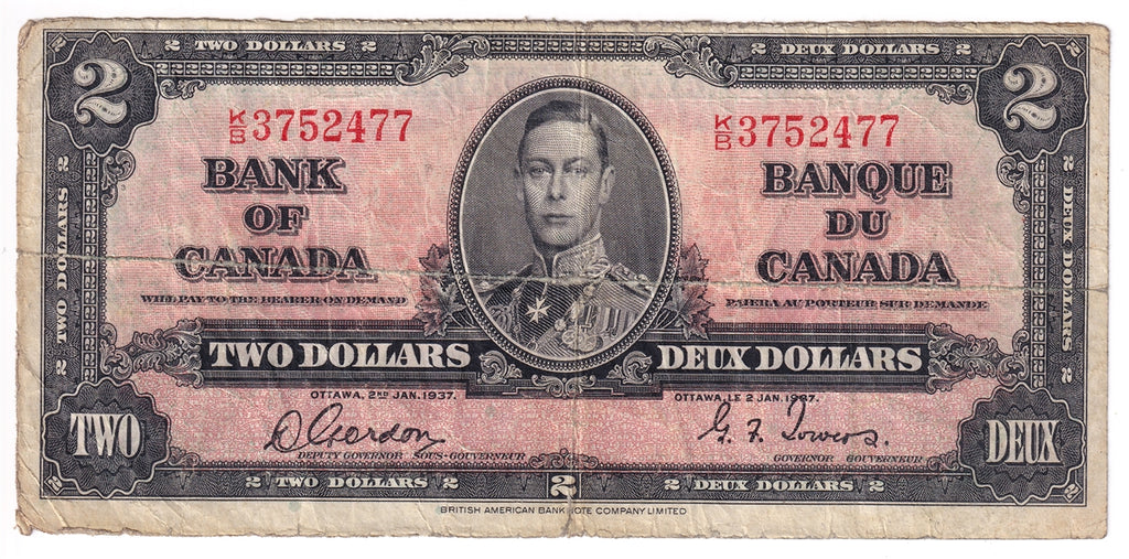 BC-22b 1937 Canada $2 Gordon-Towers, K/B, Circ